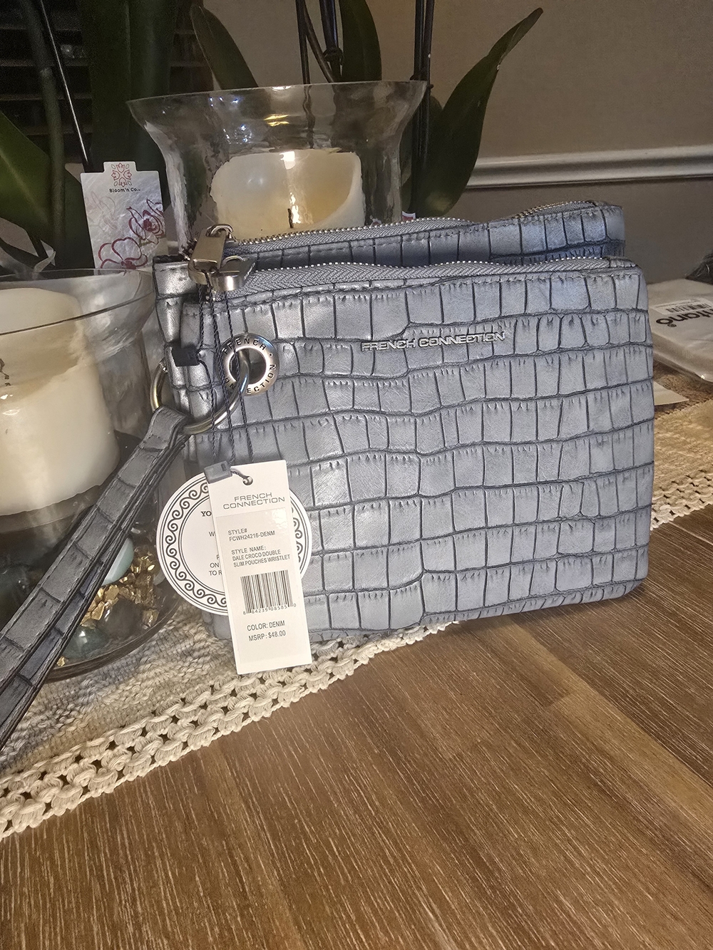Blue French Connection "Dale Croco" Double Slim Pouch Wristlet. NWT